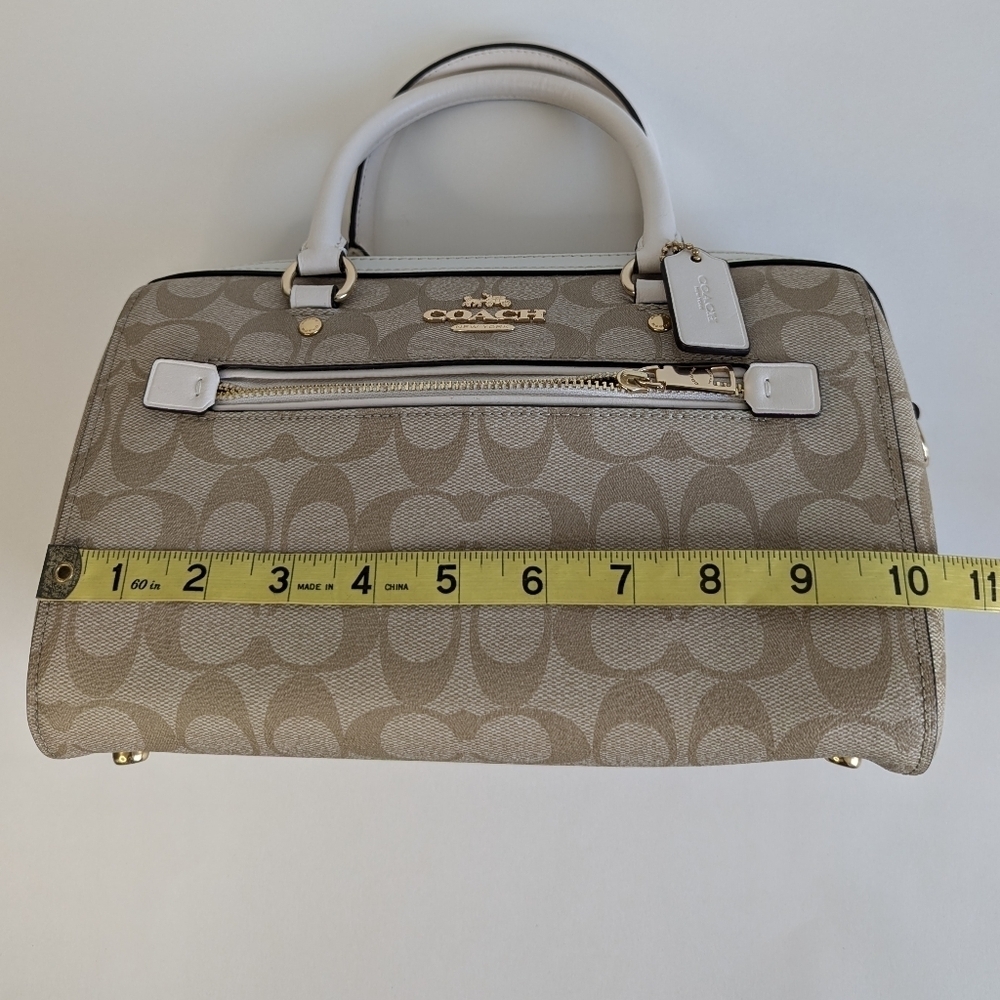 Coach Rowan Satchel Bag Signature Logo Taupe Canvas Leather Trim Crossbody Purse - Picture 14 of 16